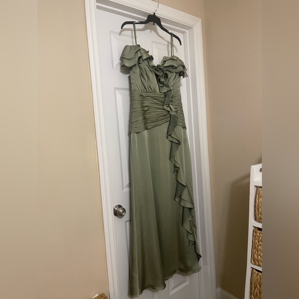 Olive green satin bridesmaid dress!